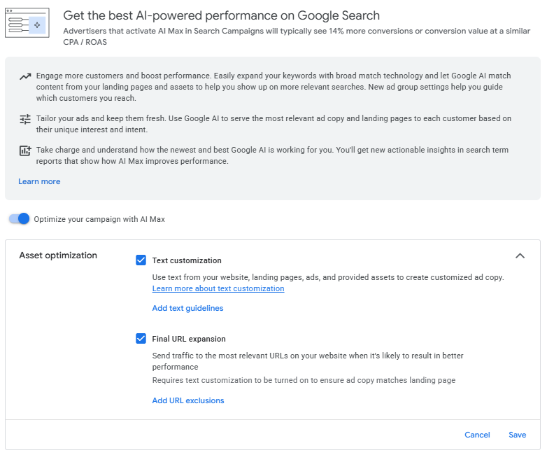 Google Ads campaign settings panel showing AI Max toggle enabled with Text customization and Final URL expansion options checked under Asset optimization
