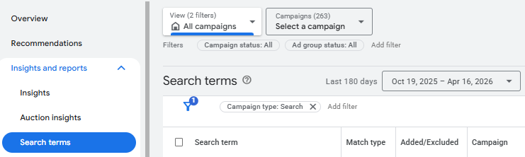 Google Ads Search Terms report filtered by Campaign type: Search, showing a 180-day date range from October 2025 to April 2026