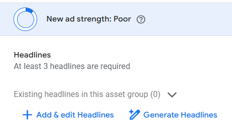 Feed-only performance max asset group showing poor ad strength warning