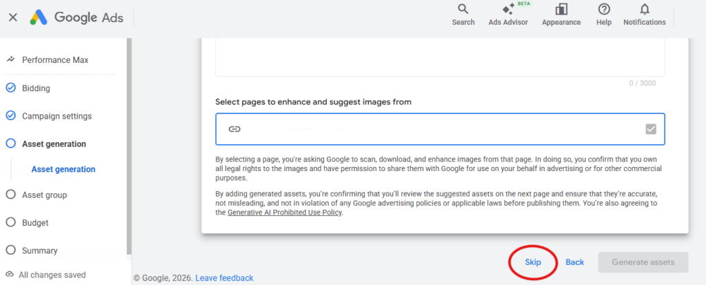 Performance max auto-generated assets warning to disable shown on Google Ads