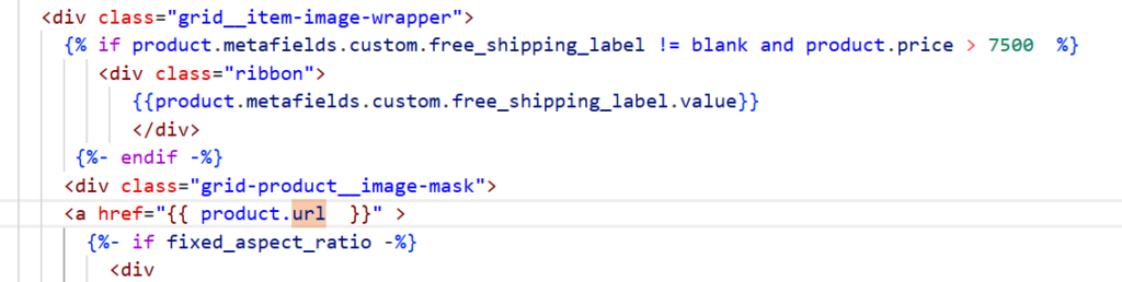 Shopify product URL code example, highlighting <a href="{{ product.url }}"> in the code.