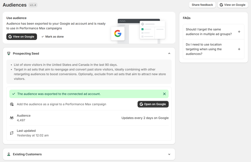 Shopify Audiences v2.4 dashboard showing a Prospecting Seed audience of 4,497 successfully exported to a connected Google Ads account for use as a Performance Max campaign signal