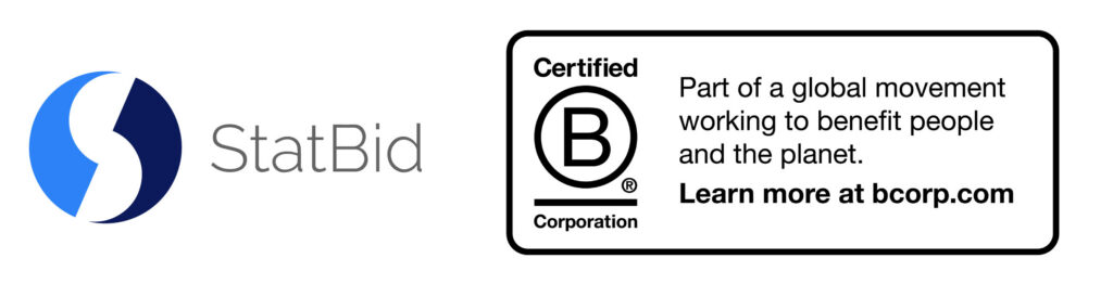 StatBid Certified B Corporation badge with the text "Part of a global movement working to benefit people and the planet. Learn more at bcorp.com"