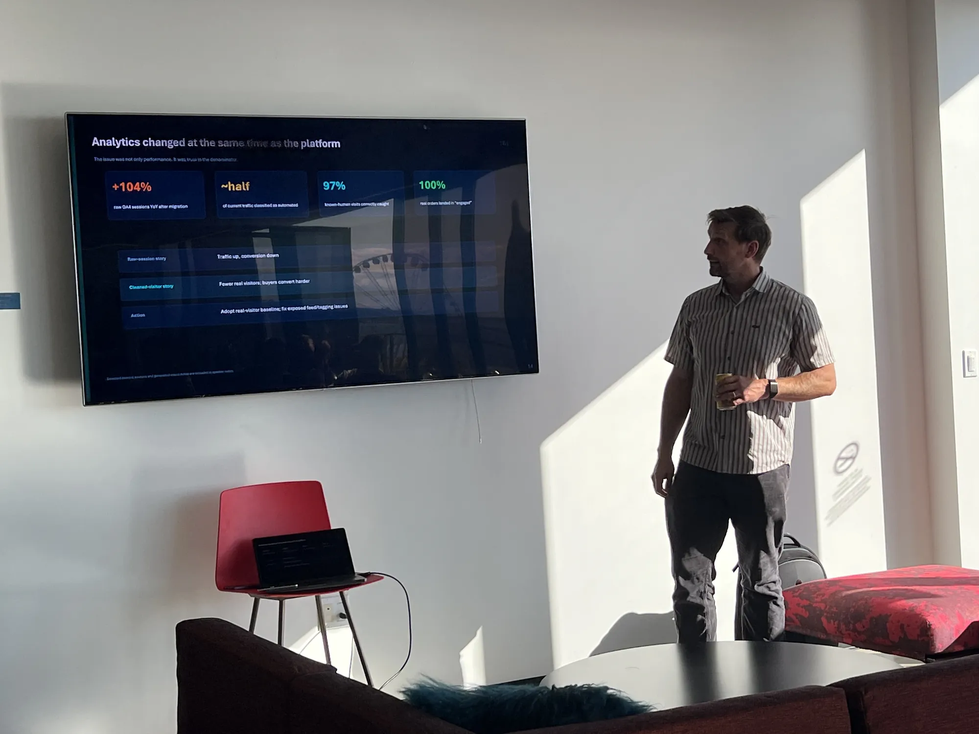 A speaker walking through analytics changes alongside a platform migration