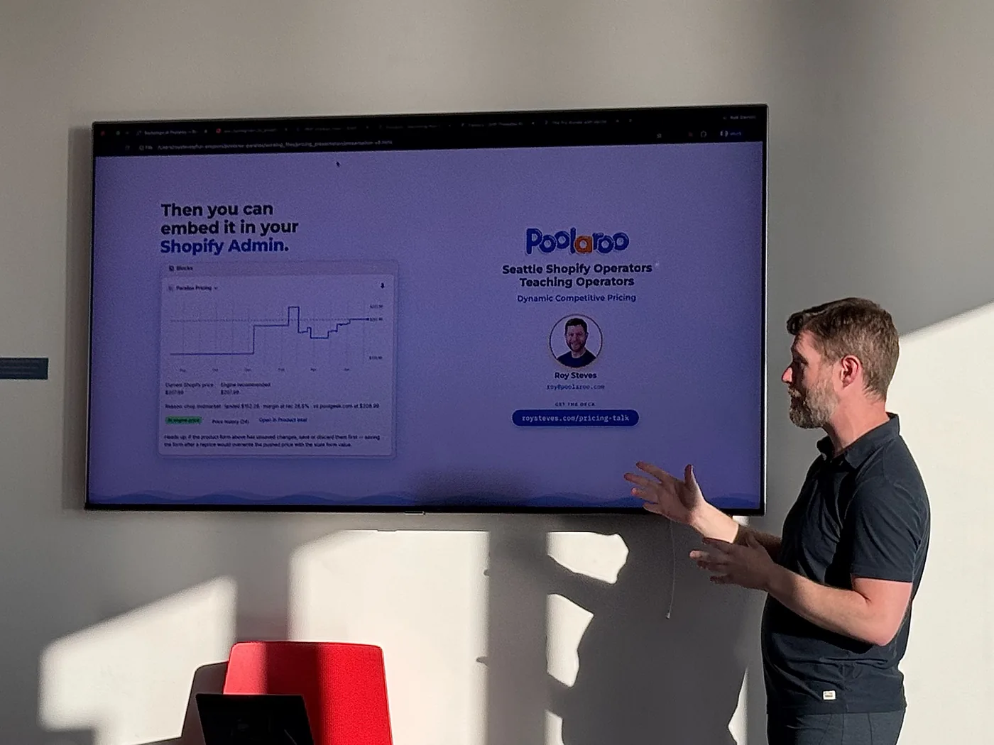 Roy Steves presenting Poolaroo&rsquo;s dynamic competitive pricing work, with a Shopify Admin pricing chart on the screen behind him