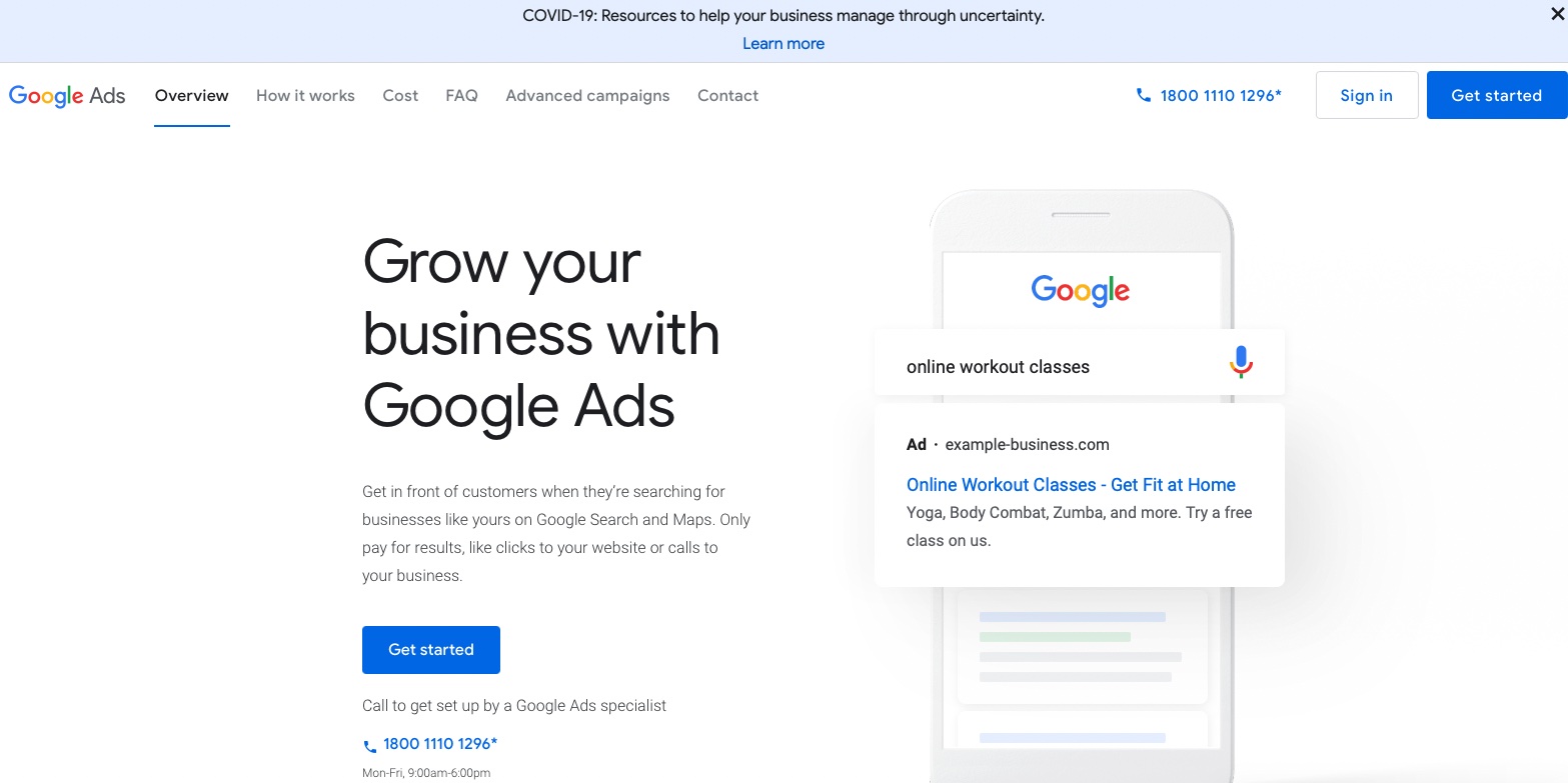 Google Ads overview page with the Sign in and Get started options for logging in to your Google Ads account.