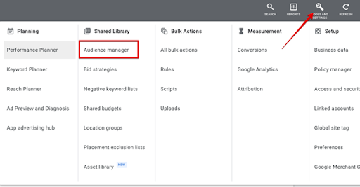 Google Ads Tools and Settings menu with Audience manager highlighted under the Shared Library column.