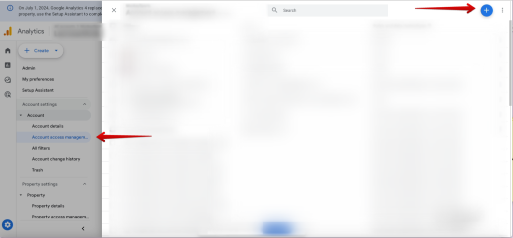 Google Analytics Admin menu showing Account access management selected under Account settings, with the blue plus sign for adding a user in the top right.