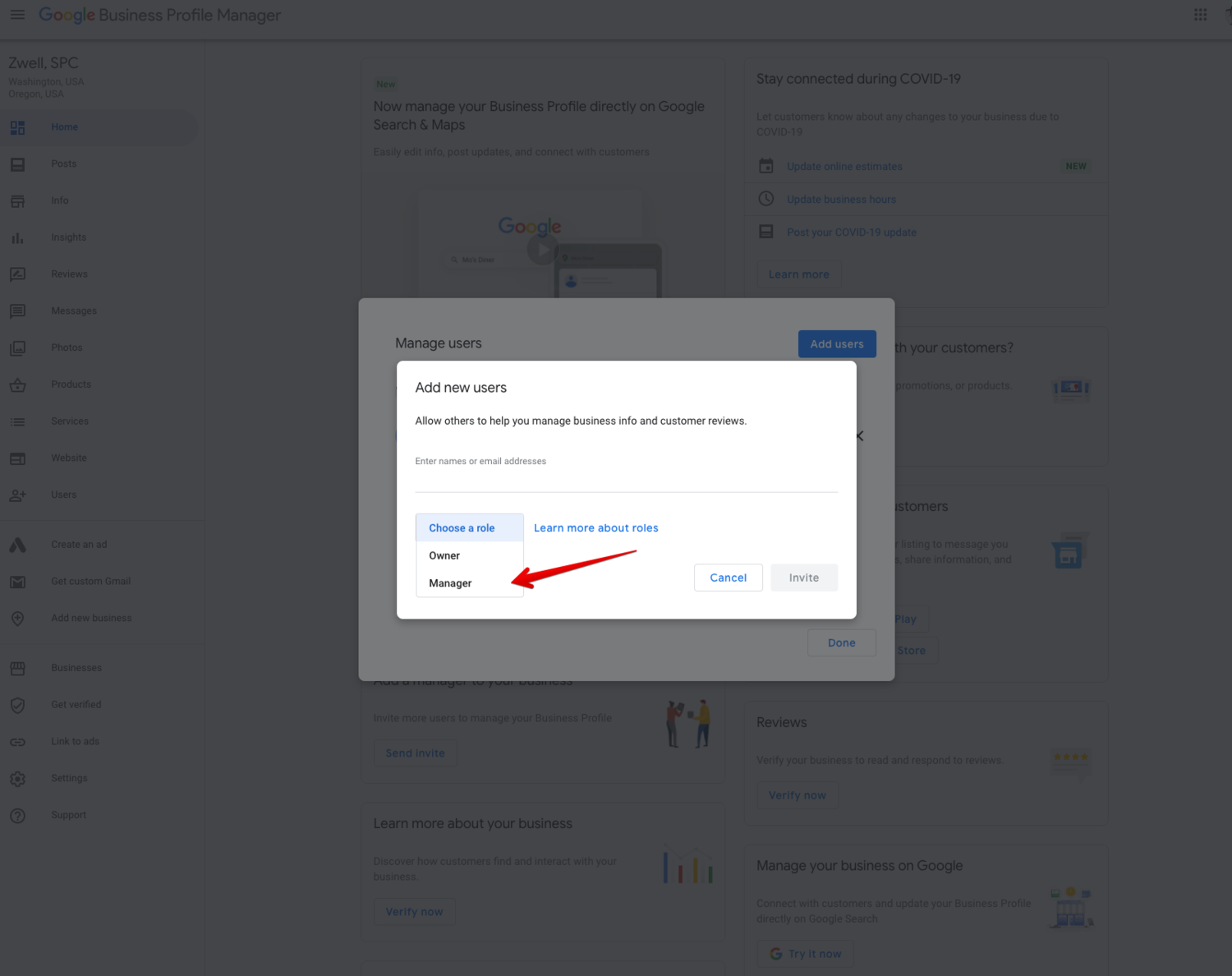 Google Business Profile Add new users dialog with the role dropdown open and Manager selected, alongside the Invite button.