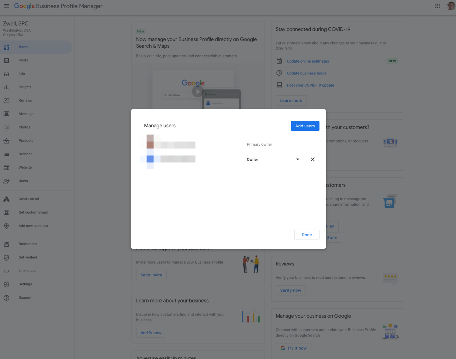 Google Business Profile Manage users dialog showing the existing owner and the Add users button used to grant account access.