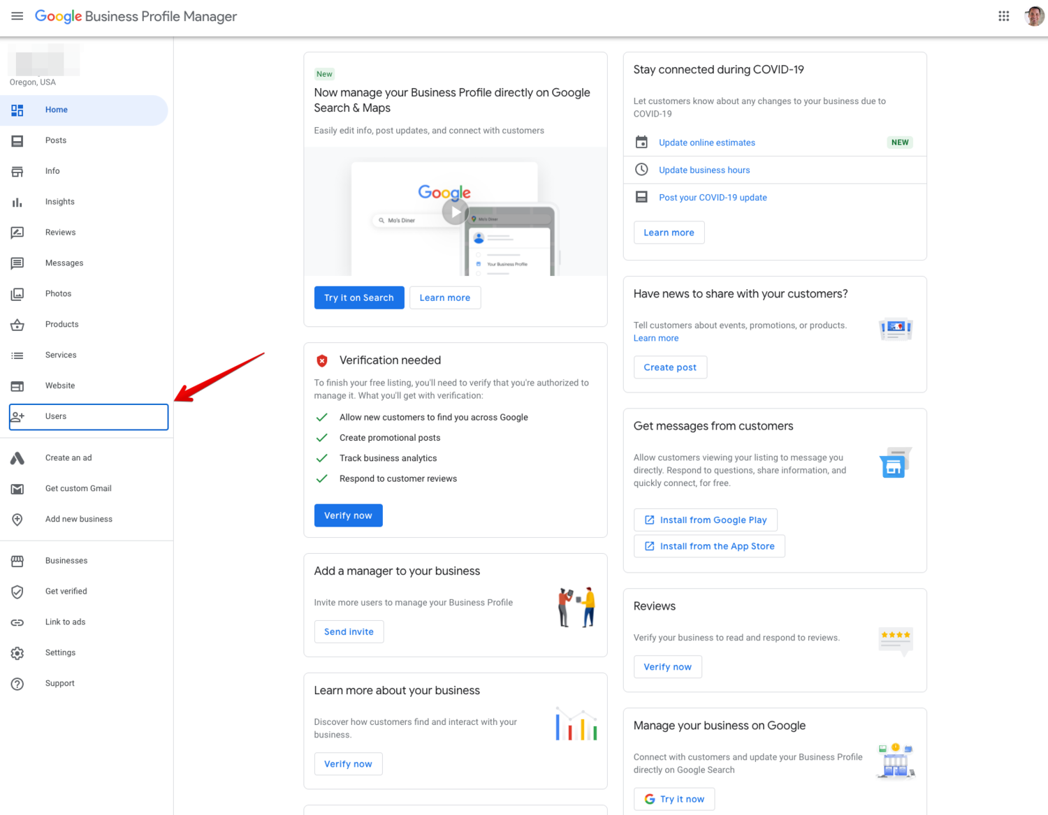 Google Business Profile Manager dashboard with the Users option highlighted in the left sidebar for managing account access.