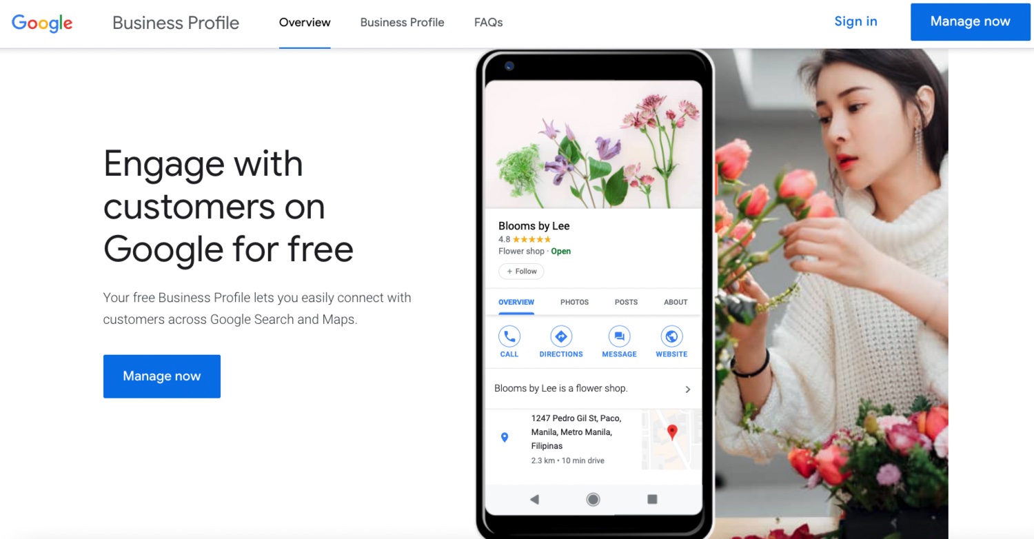 Google Business Profile overview page with the Sign in and Manage now options for accessing your business account.