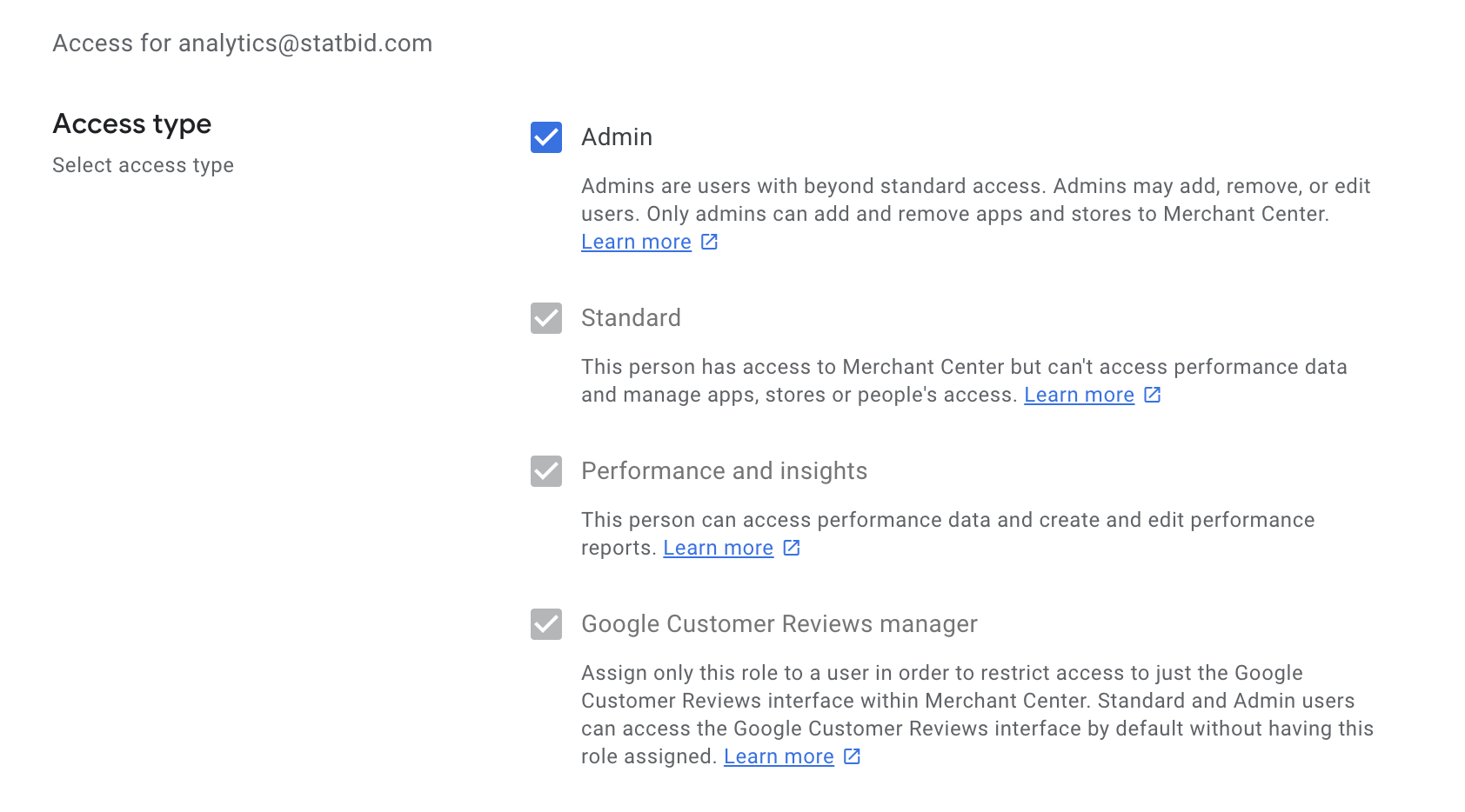 Google Merchant Center Access type screen for analytics@statbid.com with the Admin access checkbox selected.