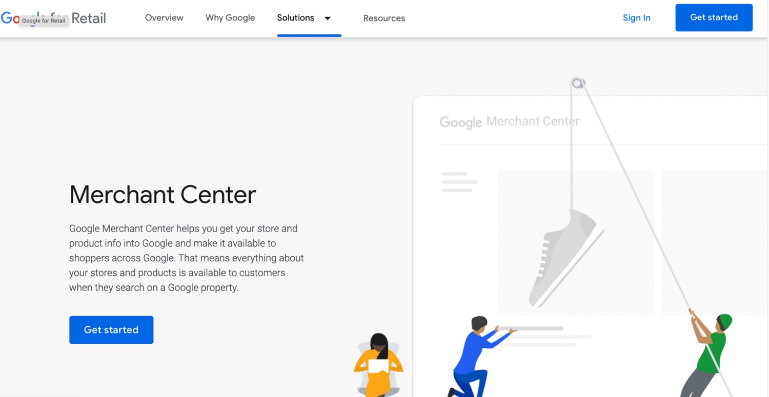 Google Merchant Center overview page on Google for Retail with the Sign In and Get started options for accessing your account.