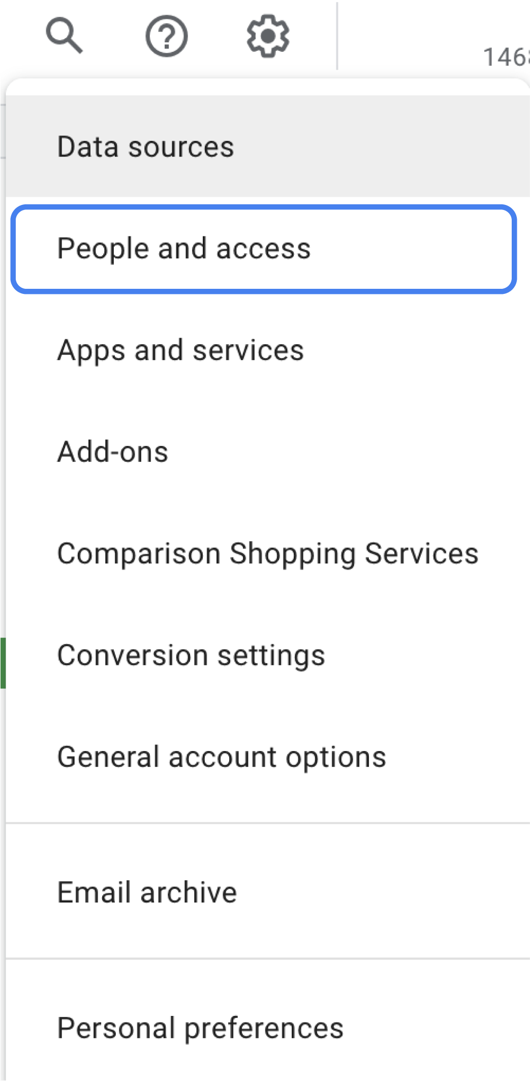 Google Merchant Center tools icon menu expanded with People and access highlighted for managing account access.