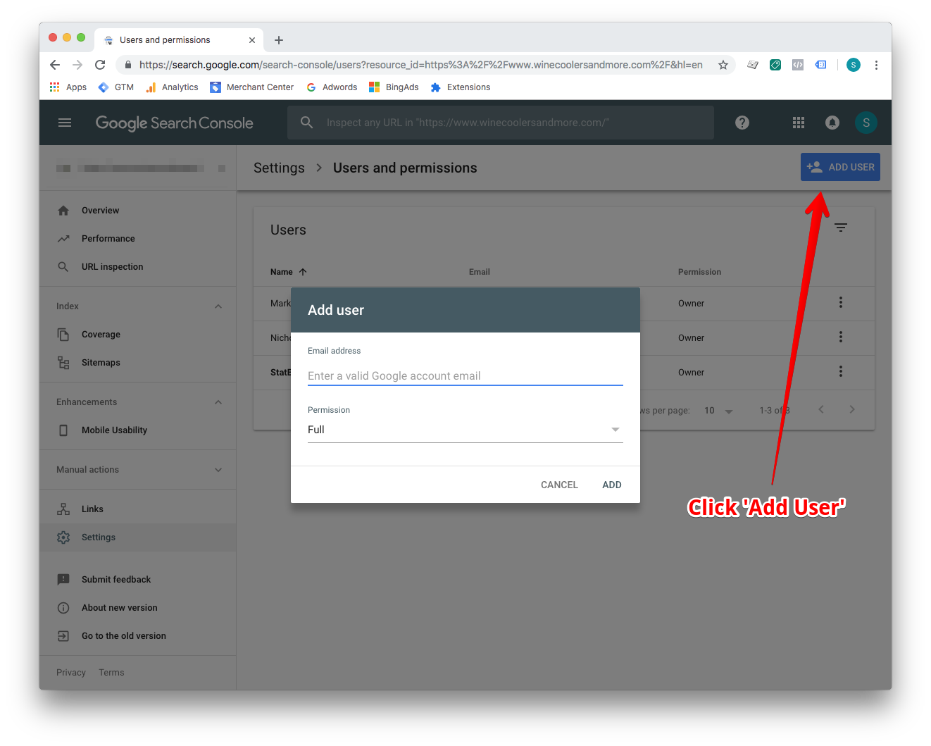 Google Search Console Users and permissions screen with the Add user dialog open, showing the email address field and Full permission setting.