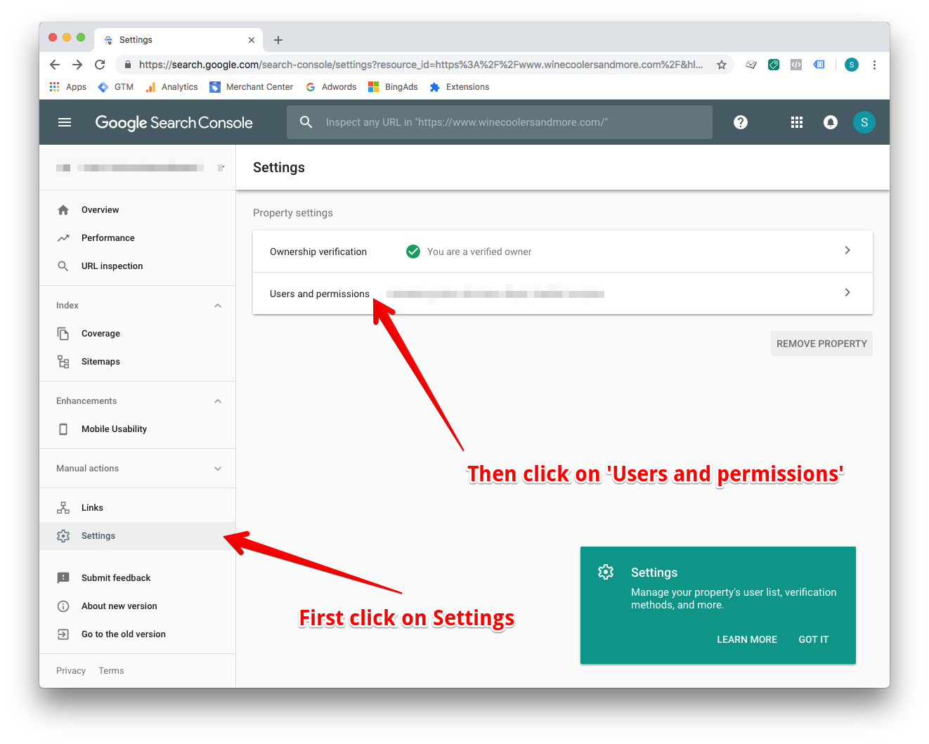 Google Search Console Settings screen with Settings highlighted in the left navigation and Users and permissions under property settings.
