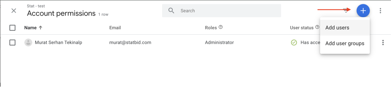 Google Tag Manager Account permissions list with the add user icon selected and the Add users option shown in the dropdown menu.