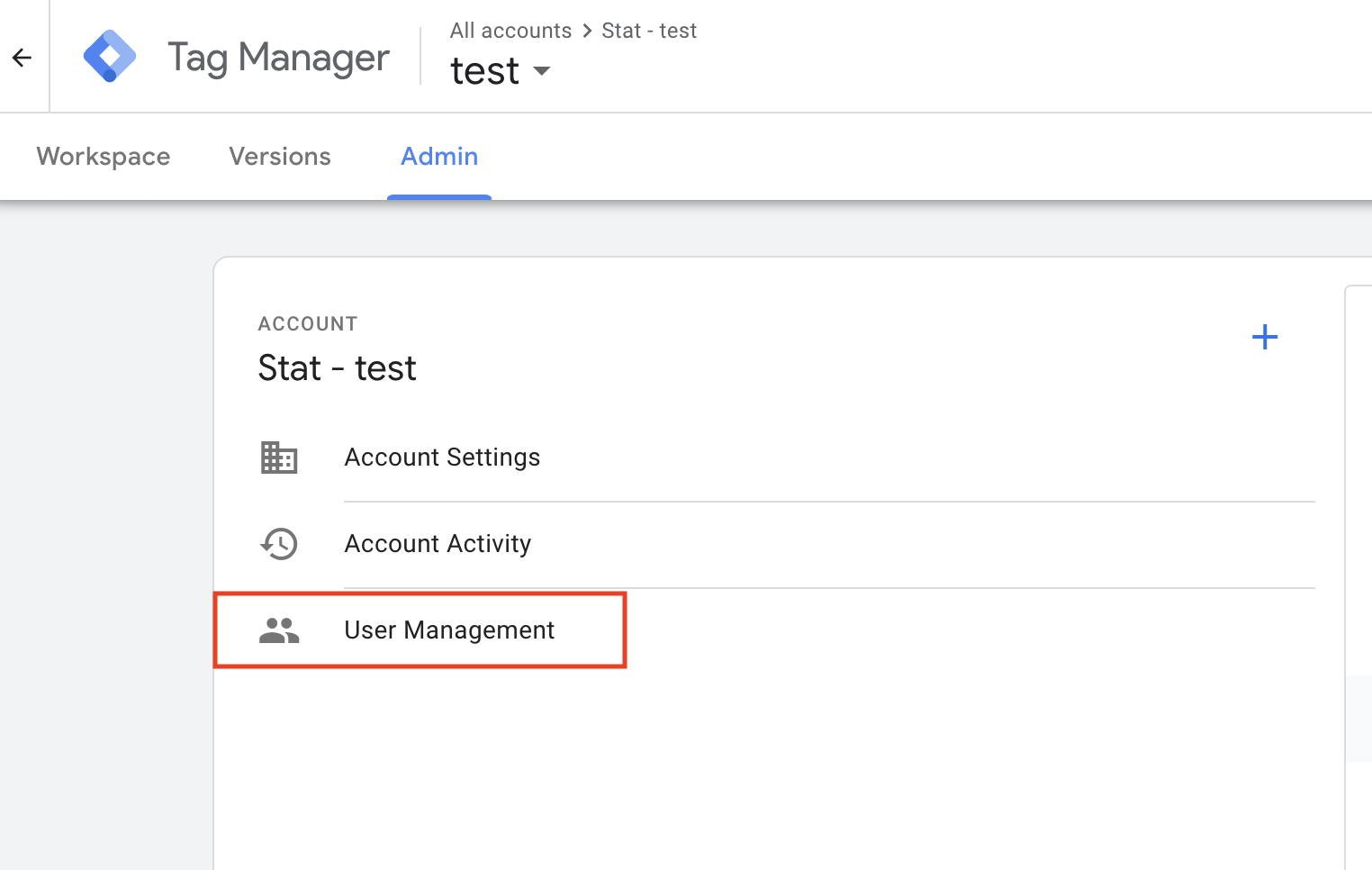 Google Tag Manager Admin tab with User Management highlighted under the account settings list, plus the add user icon in the top right.