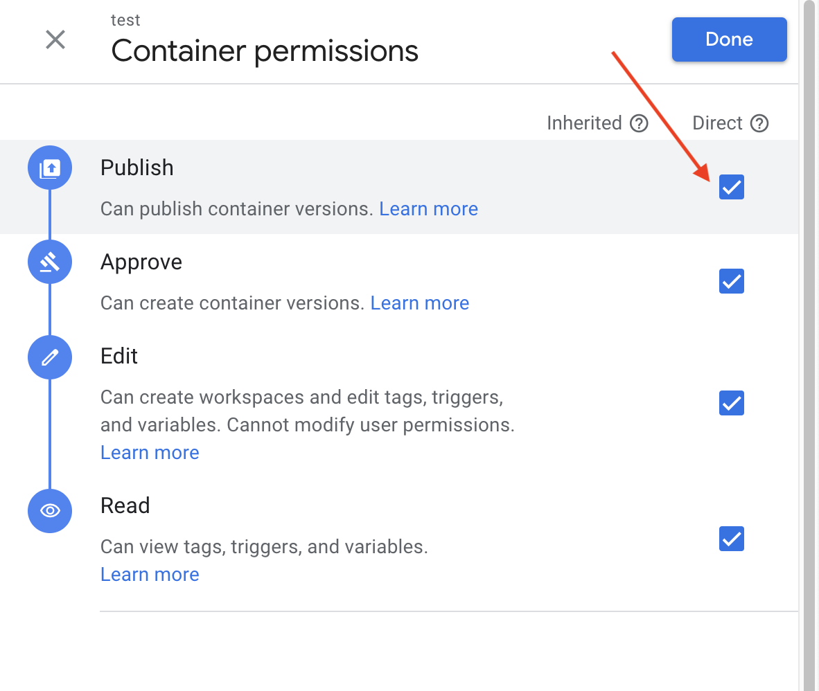 Google Tag Manager Container permissions panel with the Publish checkbox selected, which also selects Approve, Edit and Read access.