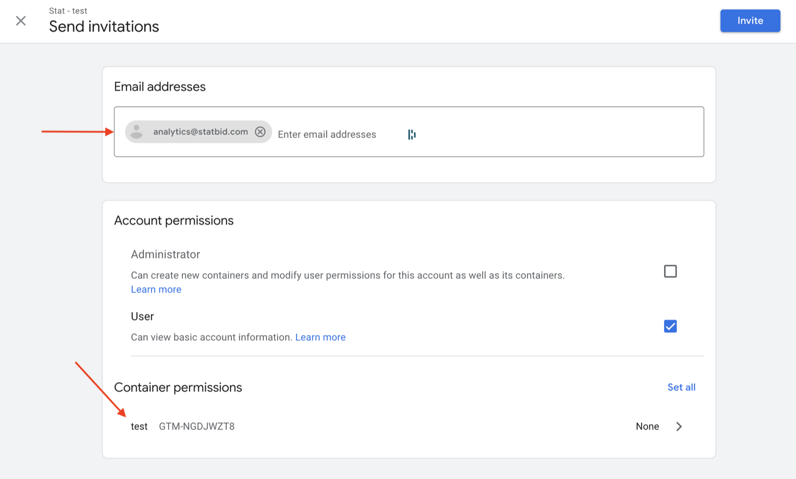 Google Tag Manager Send invitations screen with analytics@statbid.com entered in the email addresses field and the container permissions row below it.