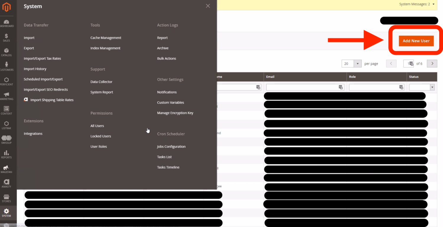 Magento All Users list with the Add New User button highlighted in the top right corner.