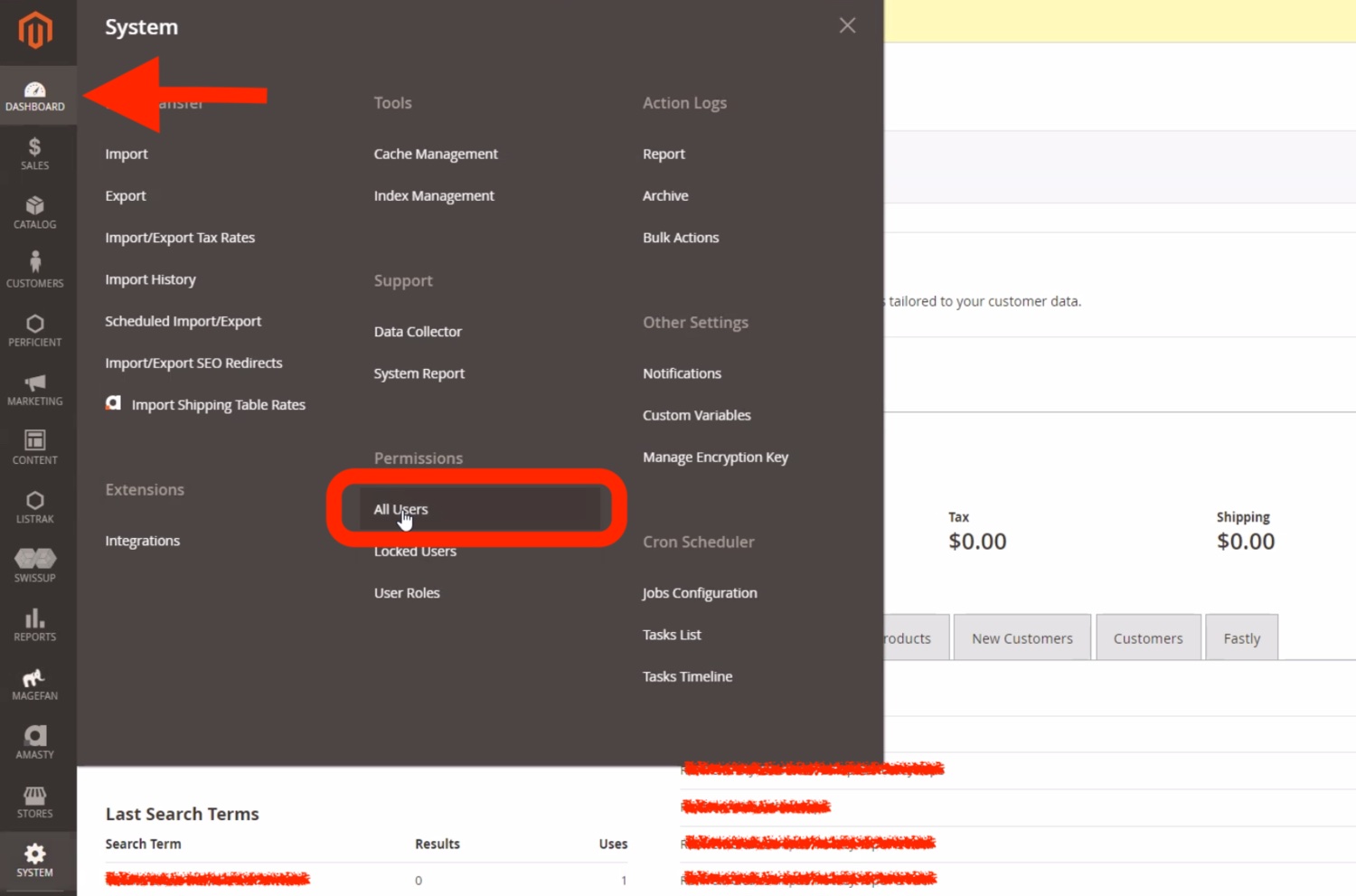 Magento admin dashboard with the left navigation visible and All Users highlighted under Permissions in the System menu.
