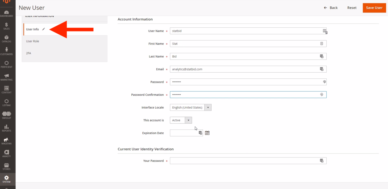 Magento New User account information form completed with the StatBid user name, analytics@statbid.com email address and password fields.
