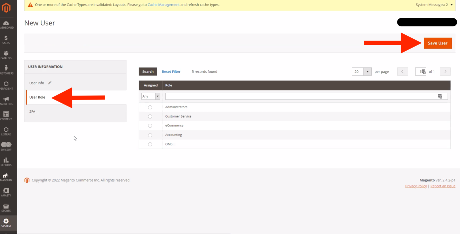 Magento New User screen on the User Role tab showing the Administrators role option and the Save User button.