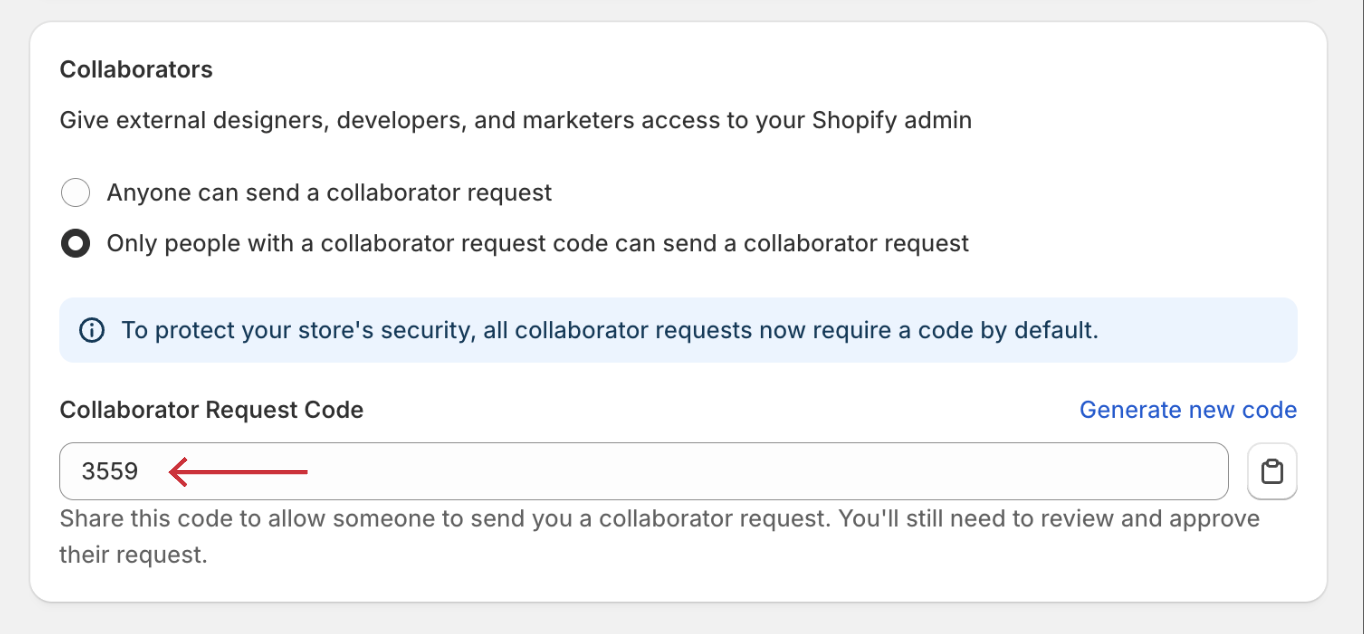 Shopify Collaborators settings section with the Collaborator Request Code field highlighted.