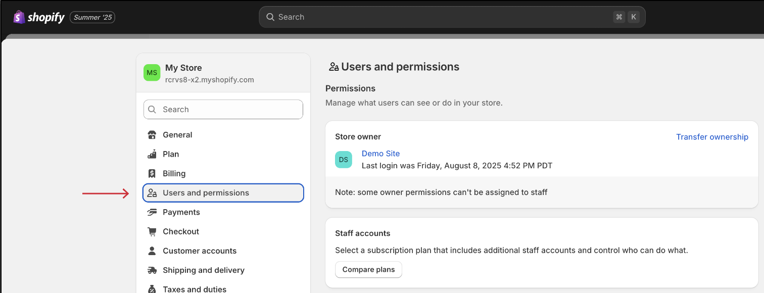 Shopify settings screen with Users and permissions highlighted in the sidebar, showing store owner and staff account permissions.