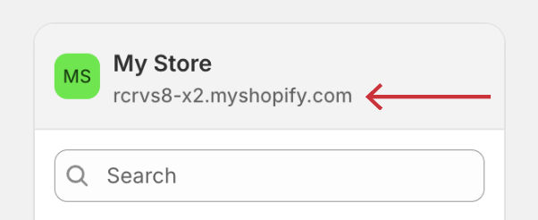 Shopify admin store card showing the myshopify.com store URL to send alongside the collaborator request code.
