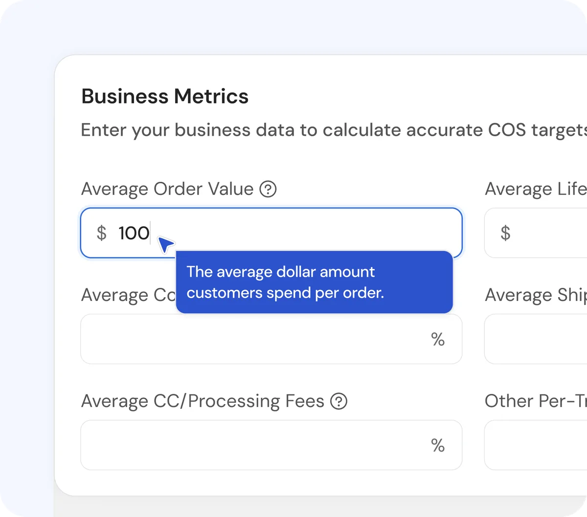 Cost of Sale calculator showing business metrics inputs for average order value, revenue, and costs