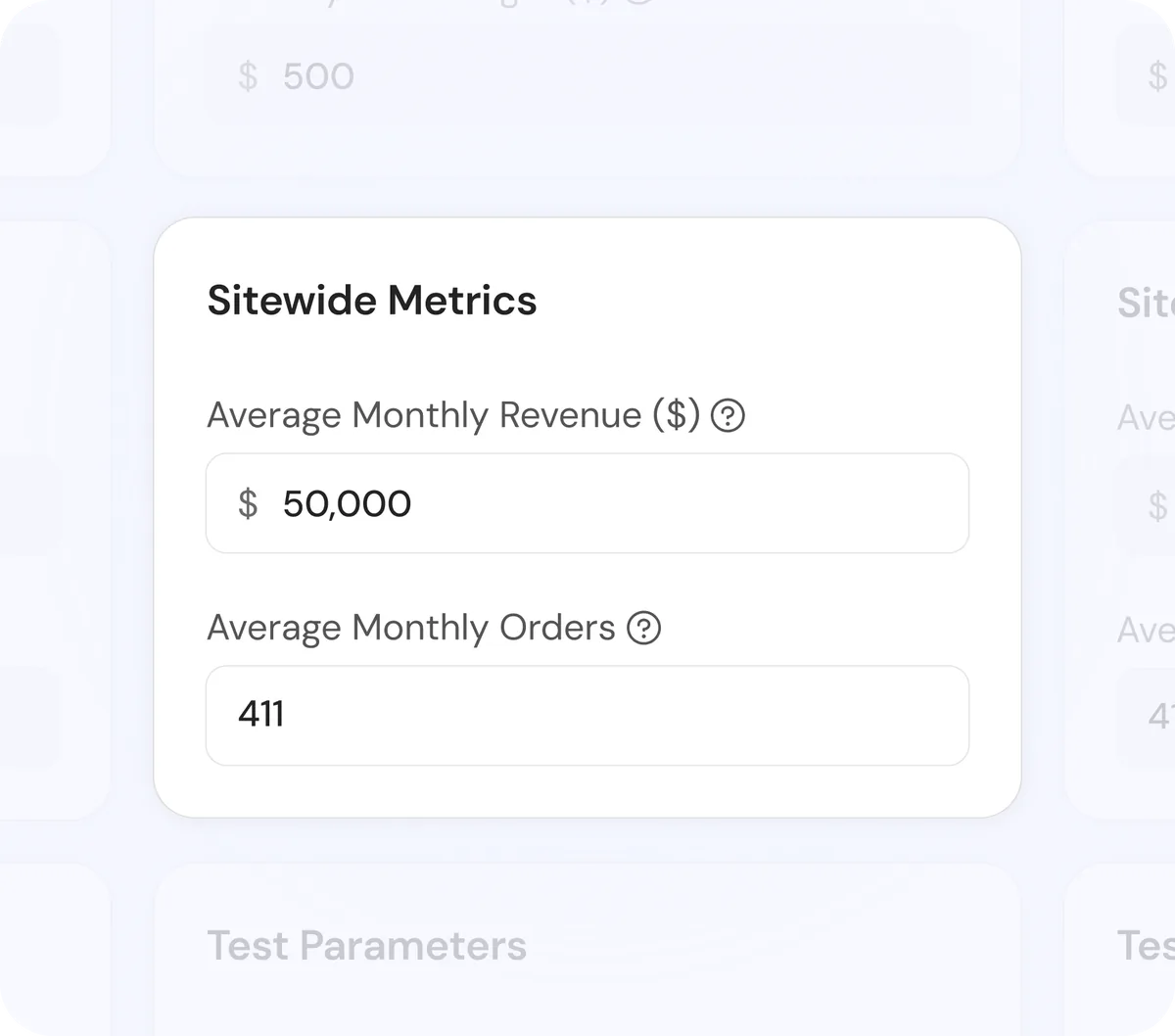 Incrementality Test Budget and Length calculator showing sitewide metrics and test parameter inputs