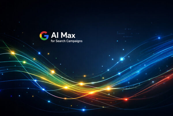 Illustration representing AI Max for Search Campaigns with the Google logo and colorful light trails on a dark blue background