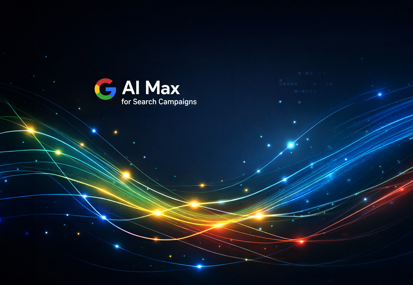 Illustration representing AI Max for Search Campaigns with the Google logo and colorful light trails on a dark blue background