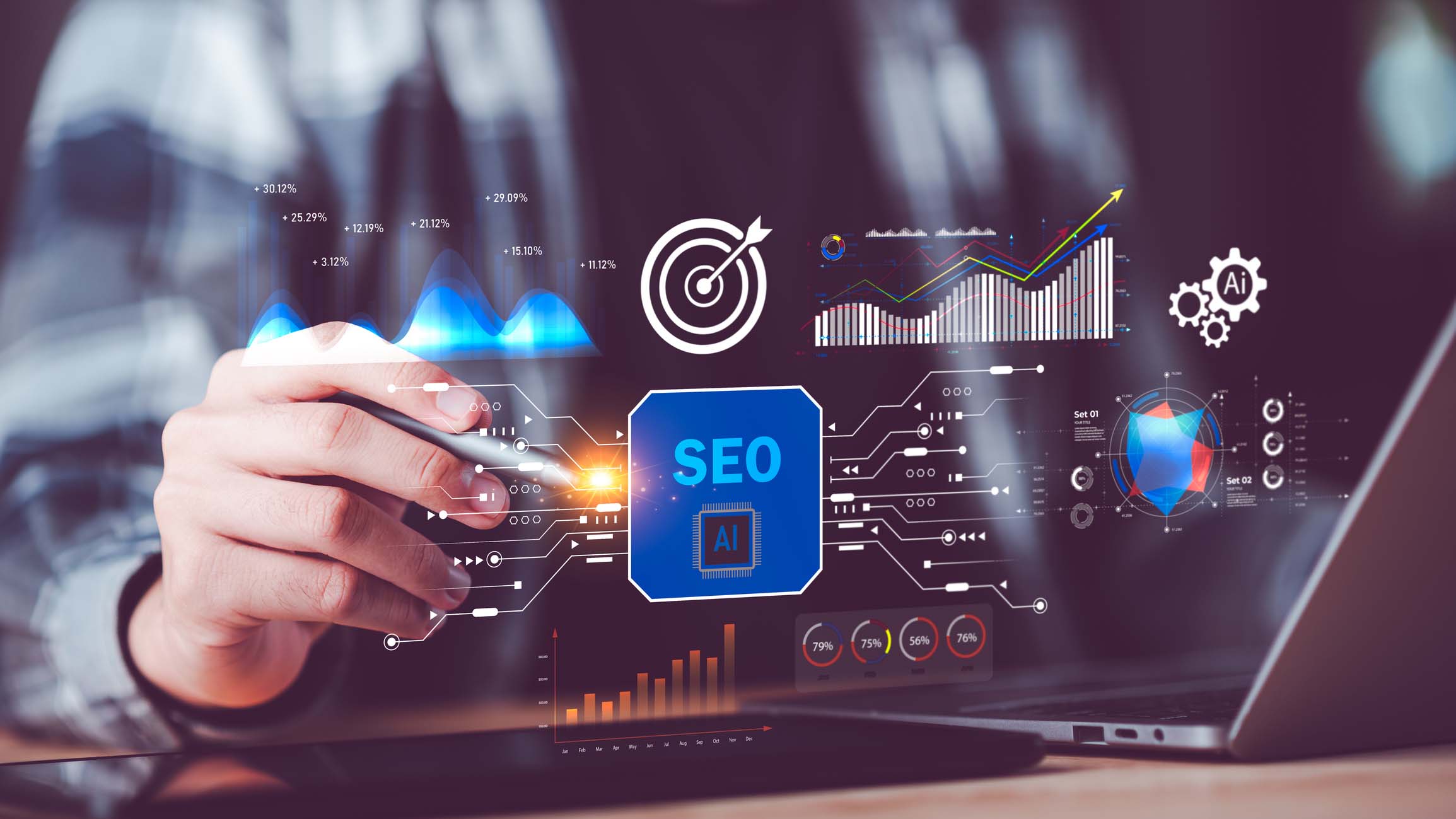 A person pointing a stylus at a floating SEO and AI chip icon surrounded by digital analytics dashboards, charts, and performance metrics, representing the intersection of artificial intelligence and search engine optimization.