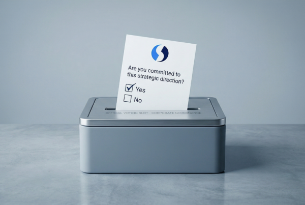 Ballot with StatBid icon checked yes for strategic direction being placed in a modern ballot box