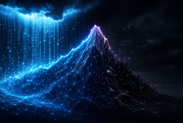 A glowing digital mountain rendered in blue network nodes and lines, with bright data streams falling like rain on the left side and a dark, crumbling slope on the right, illustrating the rain shadow effect as a metaphor for post-promotion Google Ads performance drop-off.