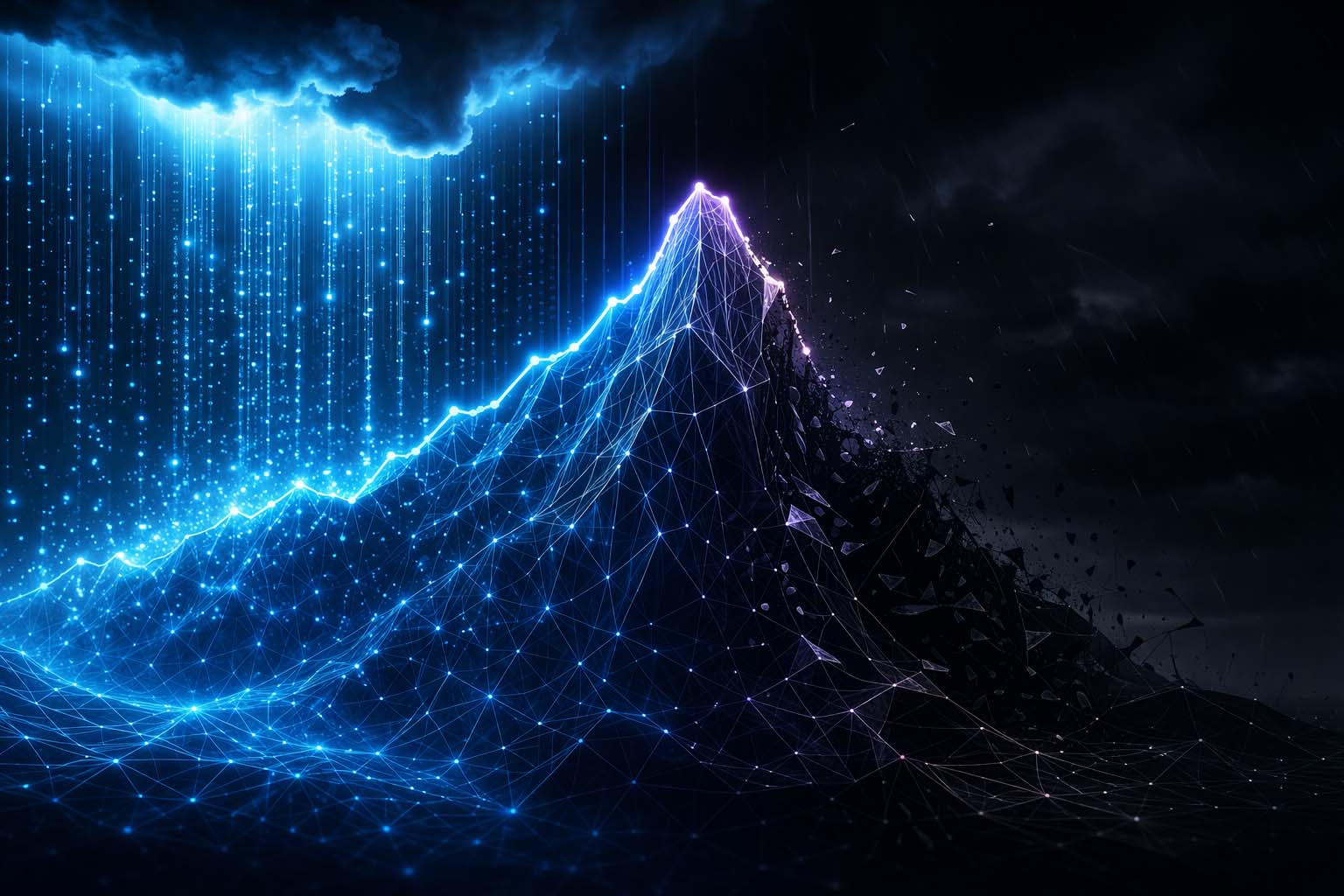 A glowing digital mountain rendered in blue network nodes and lines, with bright data streams falling like rain on the left side and a dark, crumbling slope on the right, illustrating the rain shadow effect as a metaphor for post-promotion Google Ads performance drop-off.