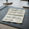 A worn permission slip on a corporate desk with the words "Request: To make a decision" — a visual metaphor for workplace permission-seeking culture.