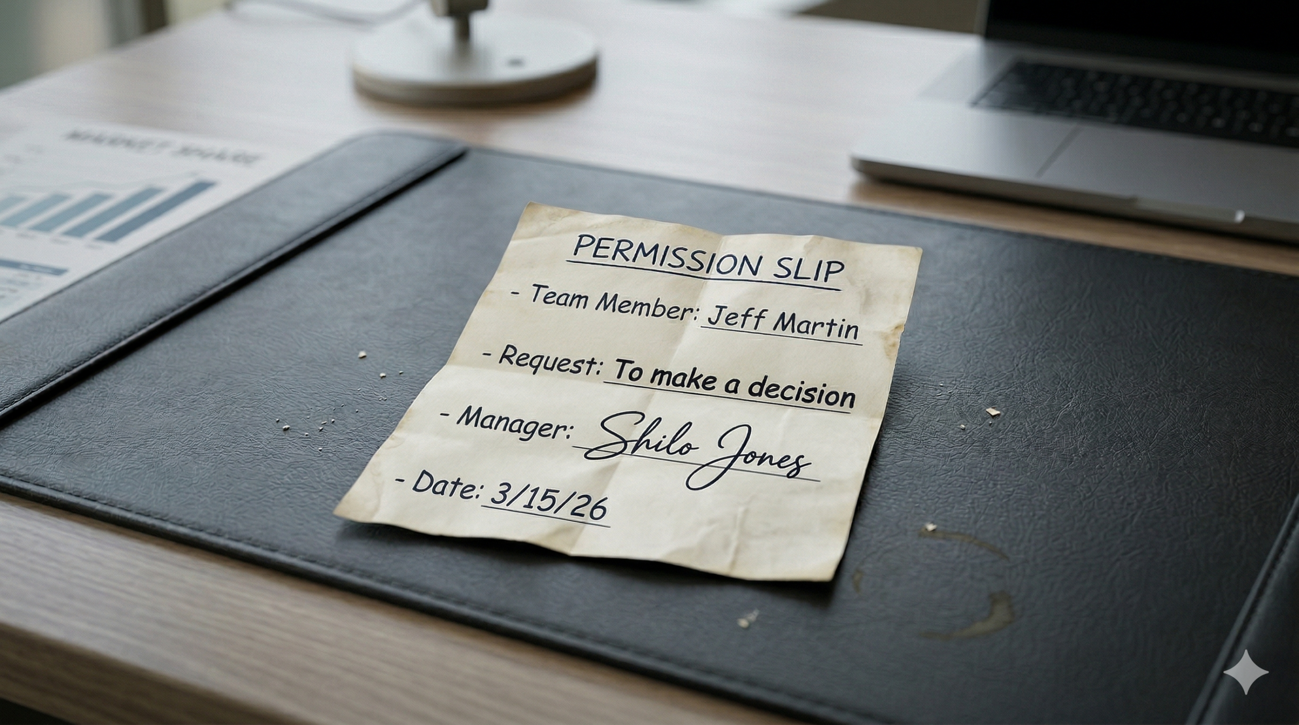 A worn permission slip on a corporate desk with the words "Request: To make a decision" — a visual metaphor for workplace permission-seeking culture.