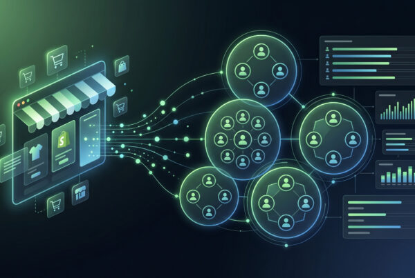 Illustration showing a Shopify storefront sending purchase data through a network of connected audience segments, representing how Shopify Audiences builds high-intent buyer groups for paid advertising
