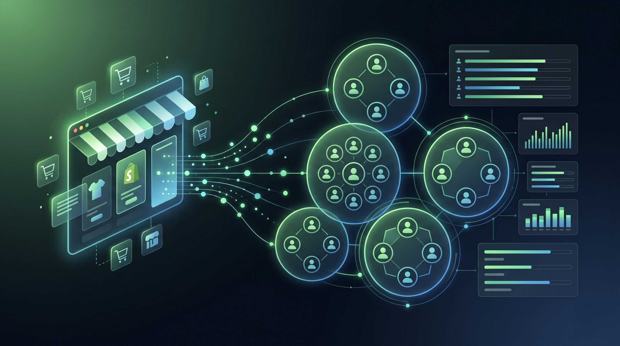 Illustration showing a Shopify storefront sending purchase data through a network of connected audience segments, representing how Shopify Audiences builds high-intent buyer groups for paid advertising
