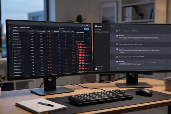 Dual monitors showing Google Ads keyword performance metrics and AI assistant suggestions, illustrating AI-assisted negative keyword review