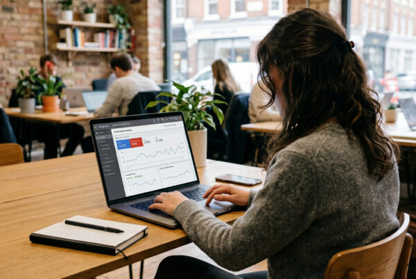 Marketer reviewing a Google Ads performance dashboard on a laptop while auditing branded search campaigns at a cafe.