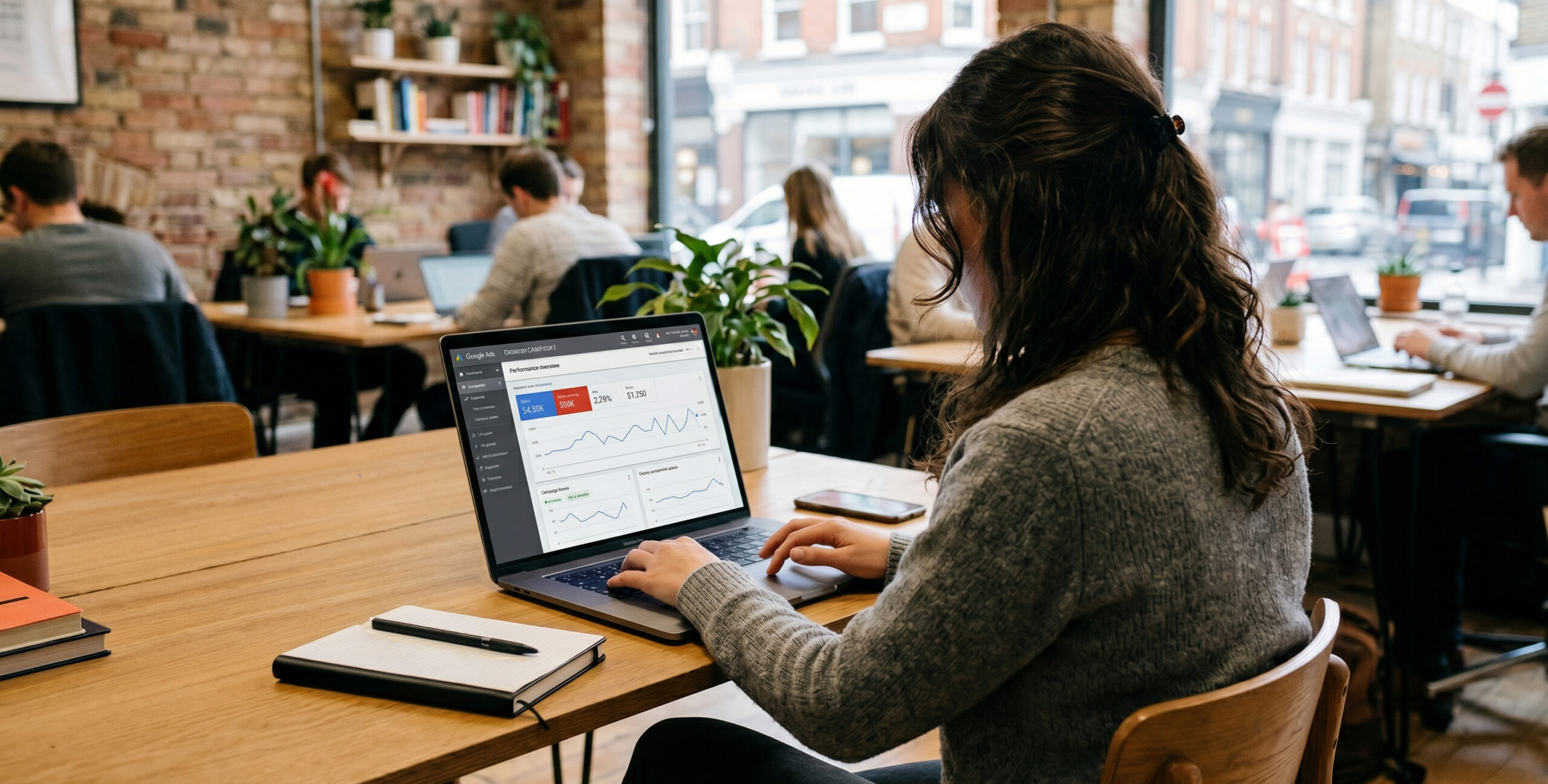 Marketer reviewing a Google Ads performance dashboard on a laptop while auditing branded search campaigns at a cafe.