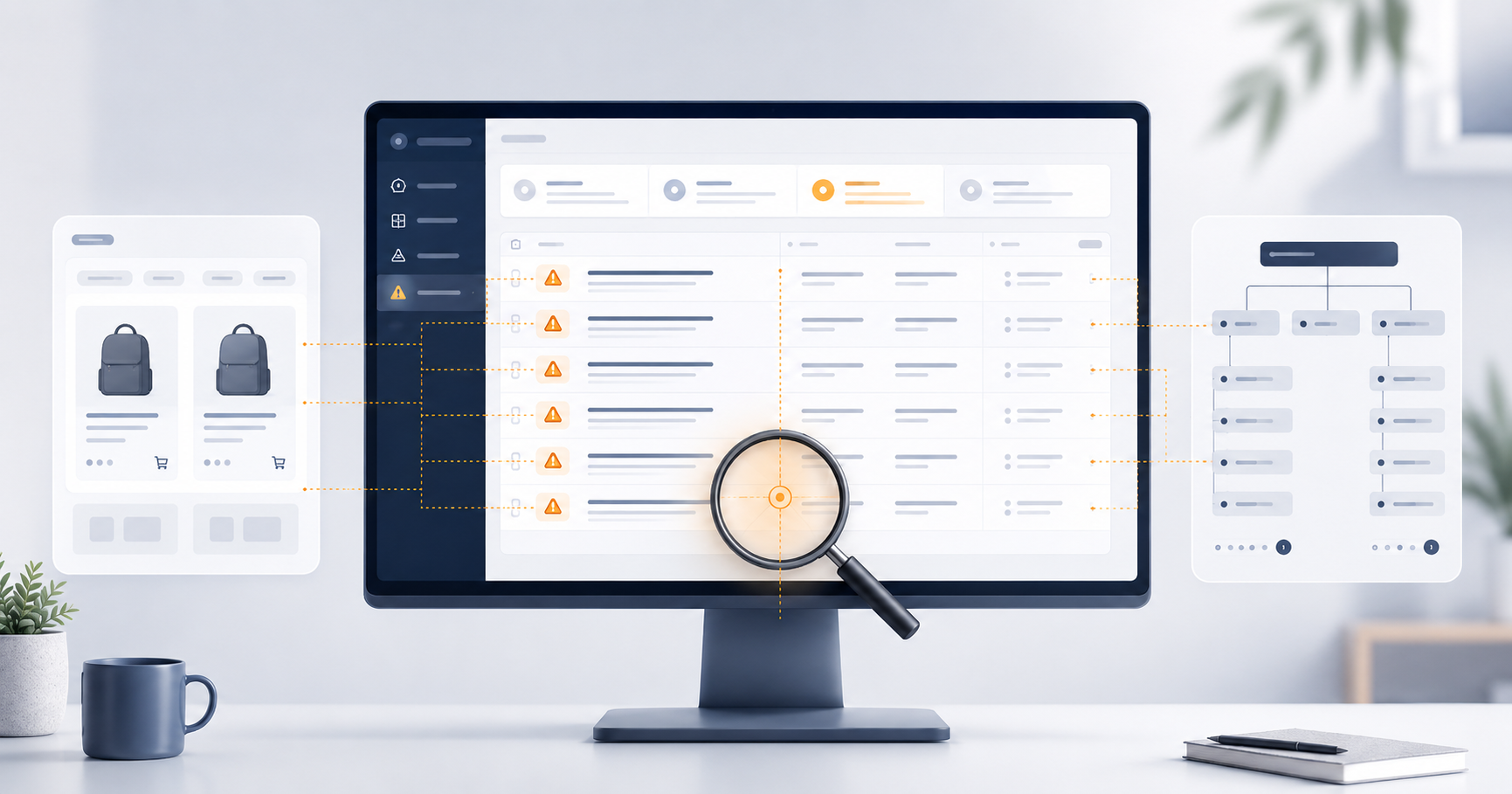 A site audit dashboard on a desktop monitor showing multiple rows flagged with warning icons, connected by dotted lines to an ecommerce product listing and a site architecture diagram
