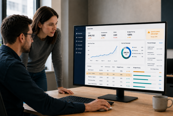 Google Ads account dashboard showing campaign spend above daily budget, with a 128% budget pacing alert and an upward cost trend flagged on the Generic T-Shirts campaign.