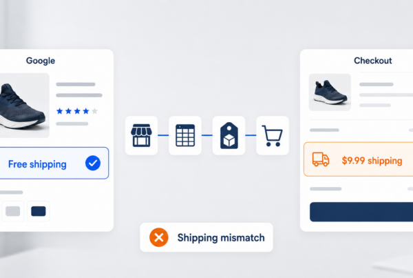 Google Shopping listing showing free shipping next to a checkout showing $9.99 shipping, flagged as a shipping mismatch